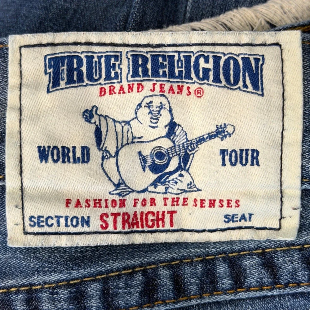 True Religion Straight Flap Jeans Mens 36x32 100% Cotton Distressed Ripped